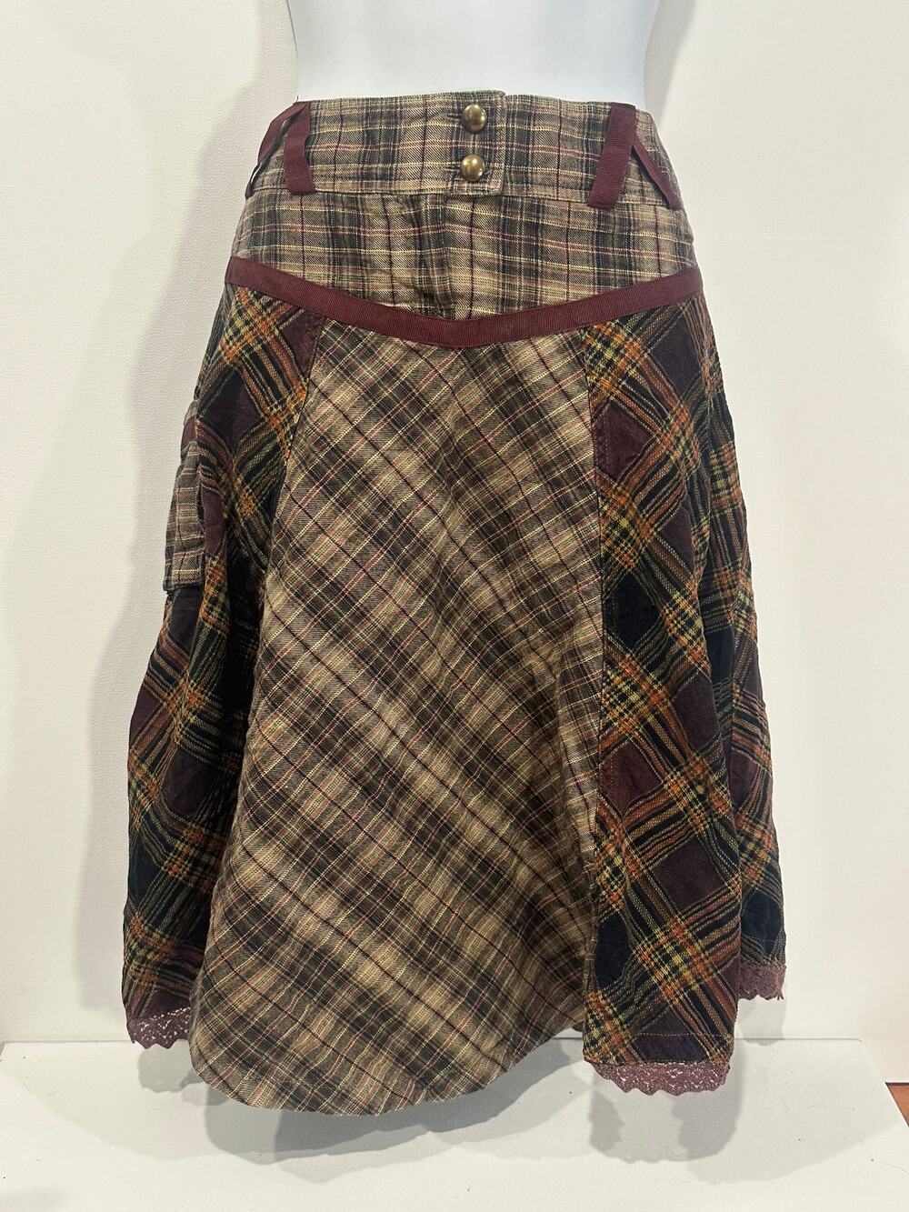 Vintage Motivi Italian Y2K Plaid Patchwork Corduroy Lace Trim Midi Skirt 42